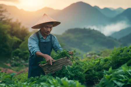 Asian farmer collecting herbs in a wicker basket in his tea plantation at sunrise, with mountains in the backgroundの素材