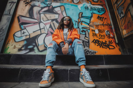 Teenager in oversized streetwear and bold sneakers sits confidently against a vibrant graffiti wall, embodying urban culture and youthful expressionの素材