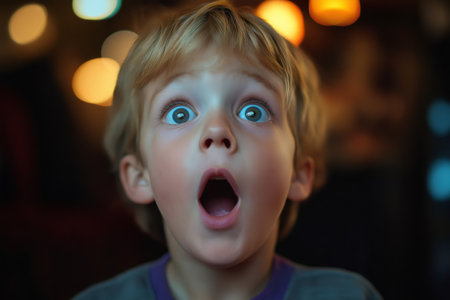 Close up portrait of a surprised child with wide open eyes and mouth, gasping in amazementの素材