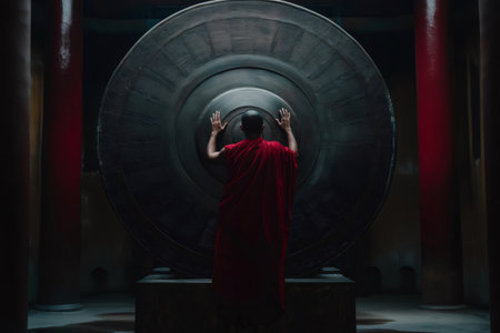 Tibetan monk in a red robe spins a large prayer wheel in a dimly lit temple, creating a serene and spiritual atmosphereの素材