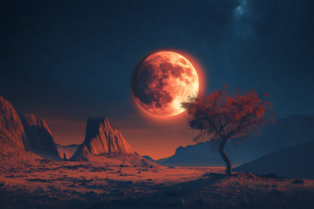 Large blood moon illuminating a lonely tree and rocky mountains in a red desert, creating a surreal and captivating night sceneの素材