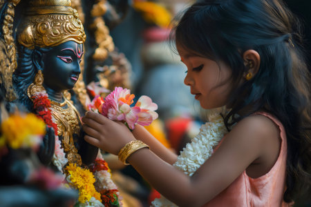 Side view of young girl placing flowers at the feet of a Hindu deity statue, during a religious ceremony in Indiaの素材