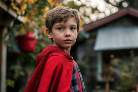 Child playing superhero wearing red cape in a domestic garden setting, looking into the distanceの素材