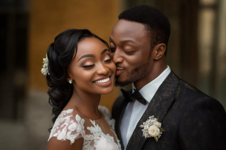 Beautiful bride kissing her groom on the cheek with a playful smile, showing love and happiness on their wedding dayの素材