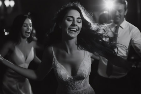 Bride in white dress dancing with friends at wedding reception, hair flowing, black and white imageの素材