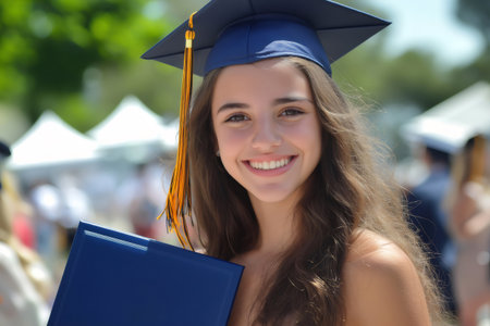 Portrait of a cheerful young graduate smiling brightly while holding her diploma during her graduation ceremonyの素材