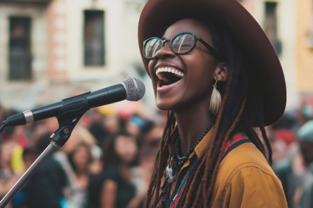 Joyful singer is performing live music in front of a crowd, expressing happiness and passion through her singingの素材