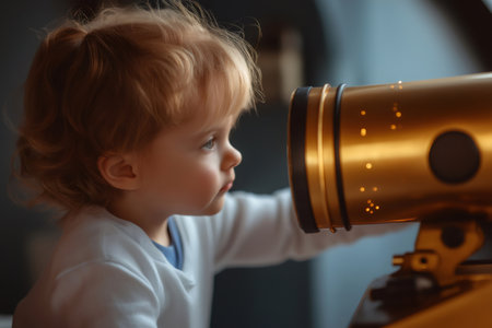 Little child exploring the universe, observing through a golden telescope, sparking curiosity and wonder in childhoodの素材