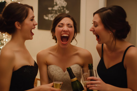 Bride and bridesmaids screaming with joy, drinking champagne and getting ready for the wedding ceremonyの素材