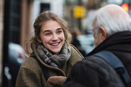 Young woman smiling warmly while assisting an elderly man in a city street, showcasing intergenerational connection and supportの素材