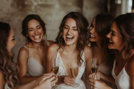 Bride and bridesmaids holding glasses of champagne, laughing and enjoying the moment together during wedding preparationsの素材