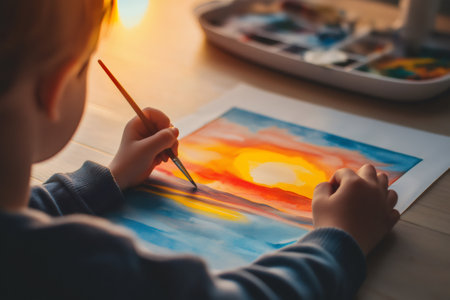 Young artist carefully applying watercolors to create a vibrant sunset painting, showing creativity and artistic expressionの素材