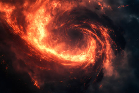 Dynamic swirling pattern of fiery lava in deep reds and blacks, evoking a sense of intense energy and natural powerの素材