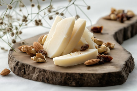 Cheese wedges, almonds, walnuts, cashews, and raisins arranged on a rustic wooden board, creating an inviting appetizer platterの素材