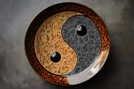 Intricate golden and silver floral patterns embellish the Yin and Yang symbol, showcasing balance and harmonyの素材