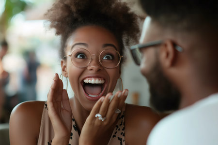 Surprised woman is reacting to good news from her partner at the restaurant, showing excitement and happinessの素材