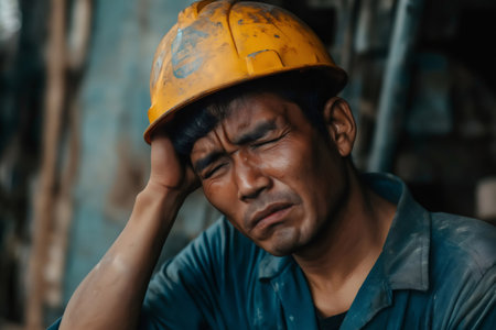 Tired construction worker wearing a yellow hard hat and blue uniform rubbing his head after a long and exhausting working dayの素材