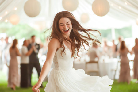 Happy bride dancing barefoot at her wedding reception, twirling joyfully among smiling guests in a beautiful outdoor garden settingの素材