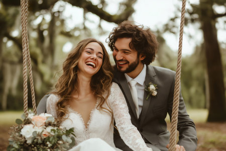 Happy newlyweds laughing and swinging together, celebrating their love and joy on the most beautiful day of their livesの素材