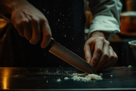 Close up of chef's hands sharpening knife while mincing garlic on cutting board, preparing ingredients for meal in professional kitchenの素材