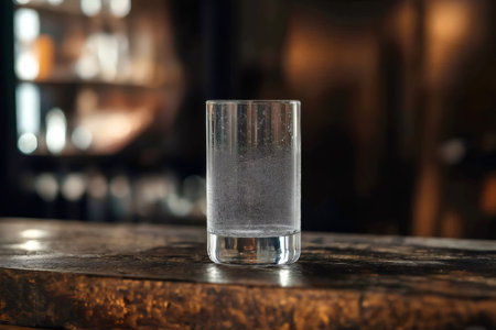 Empty beer glass with condensation on wooden bar counter in a restaurant, representing concepts of refreshment, relaxation, and socializingの素材