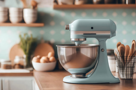 Light blue stand mixer featuring a stainless steel bowl, positioned in a bright kitchen, creating an inviting space for bakingの素材