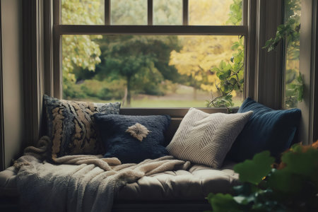 Cozy window seat with cushions and blanket overlooking a tranquil garden during the colorful fall season, offering a relaxing and peaceful atmosphereの素材