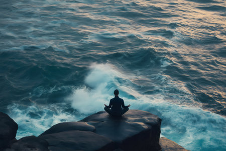 Man meditating on rock by the ocean with breaking waves at sunrise, finding inner peace and mindfulness through connection with natureの素材