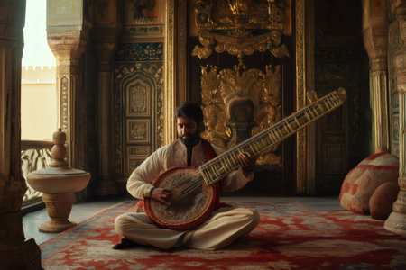 Sitar player immersed in performance within a richly decorated room, surrounded by intricate patterns and traditional decor, creating a serene ambianceの素材