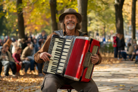 Smiling street performer playing an accordion in a park setting, surrounded by autumn leaves and a blurred crowd enjoying the performanceの素材