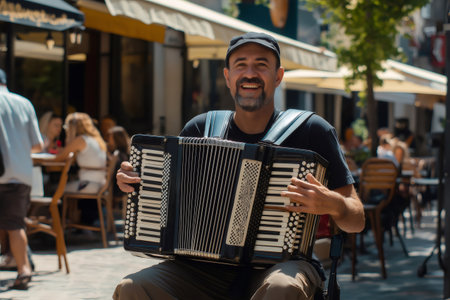 Street musician playing accordion, creating a lively atmosphere in a quaint European cafe setting with patrons enjoying outdoor diningの素材