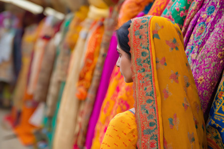 Young Indian woman wearing a yellow sari looking at colorful fabrics in a traditional Indian marketの素材