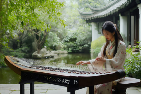 Musician in traditional attire plays the guzheng, surrounded by lush greenery and tranquil garden scenery, creating a peaceful atmosphereの素材
