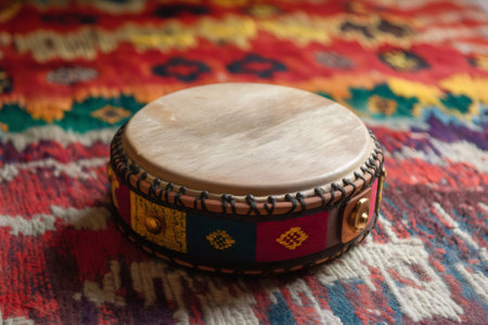 Close up of a beautifully crafted tambourine placed on a vibrant handmade carpet, celebrating folk music and cultural heritageの素材