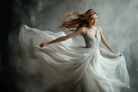 Young woman gracefully spins in a flowing dress, capturing a sense of freedom and elegance against a soft, blurred backgroundの素材