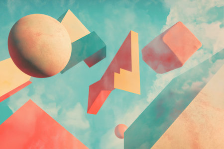 Vibrant 3D geometric shapes float against a soft sky backdrop, creating a surreal and dynamic abstract composition with a sense of movementの素材