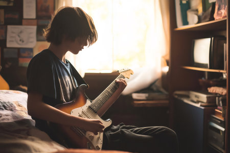 Teenage boy sitting on his bed, passionately playing an electric guitar in his bedroom, immersed in music and creativityの素材