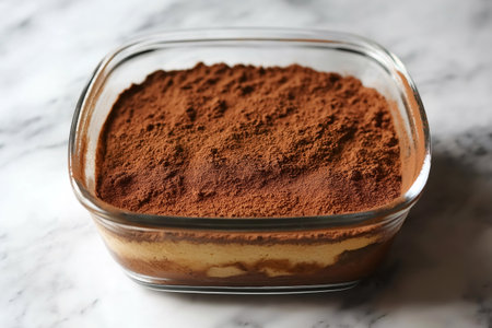 Delicious homemade tiramisu dessert sprinkled with cocoa powder in a glass container, ready to be servedの素材