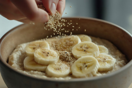 Oatmeal porridge with sliced banana and sesame seeds is being prepared by a chef for a healthy breakfastの素材