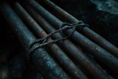 Close up of rusty rebar rods tied together with a rope, creating a strong bond for construction purposesの素材