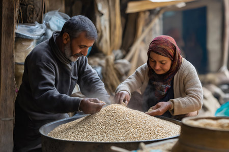 Two farmers carefully sorting grains in a large metal basin, ensuring quality and removing impurities after the harvestの素材