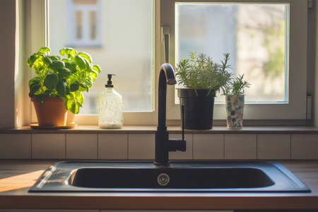Sunlight illuminates a clean, modern kitchen sink with potted plants and a soap dispenser on the windowsillの素材