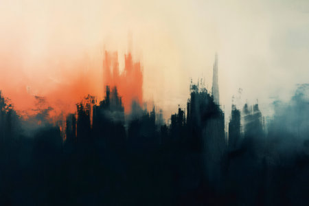 Orange and dark brush strokes creating an abstract cityscape at sunset with a textured canvas backgroundの素材
