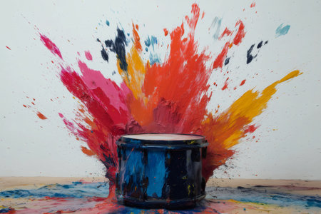 Dynamic burst of colorful paint splashes behind a drum, creating an energetic and artistic scene with vibrant hues and movementの素材