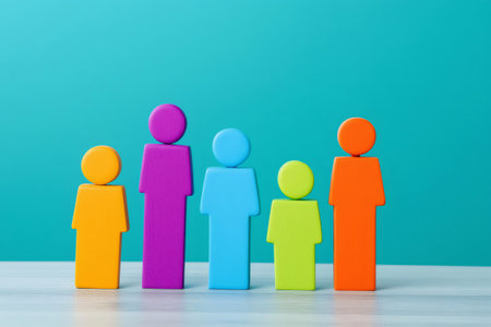 Colorful human figures of different sizes are standing on a wooden surface, representing income inequality and discriminationの素材