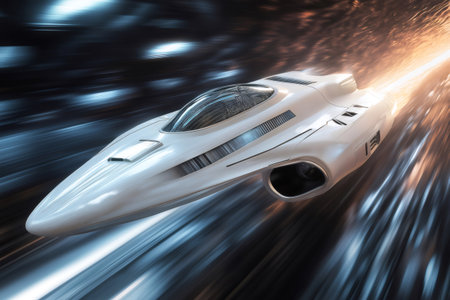 Futuristic spaceship traveling at very high speed through deep space, with motion blur effectの素材