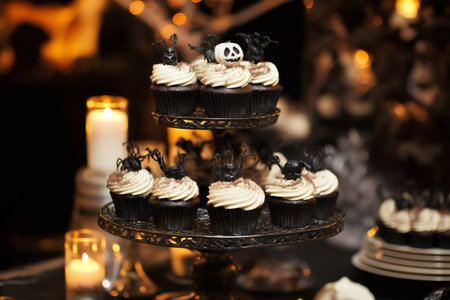 Delicious Halloween cupcakes with spider and pumpkin decorations resting on elegant metal cake stand during a party with warm lights in the backgroundの素材