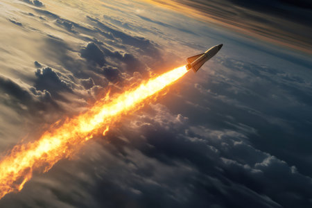 Modern reusable spacecraft flying over Earth during a fiery atmospheric reentry with clouds and sunset in the backgroundの素材