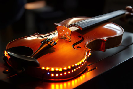 Electric viola with sensors and led lights emitting warm orange light on a black surface in a dark environmentの素材