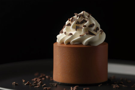 Delicious chocolate mousse dessert with whipped cream topping and chocolate shavings, served on an elegant black plateの素材
